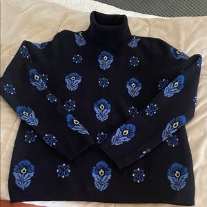 Black Turtleneck Sweater with Blue and gold floral design